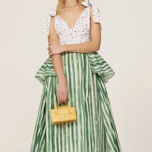 Rosie Assoulin Green Striped Midi Dress with White Printed Bodice